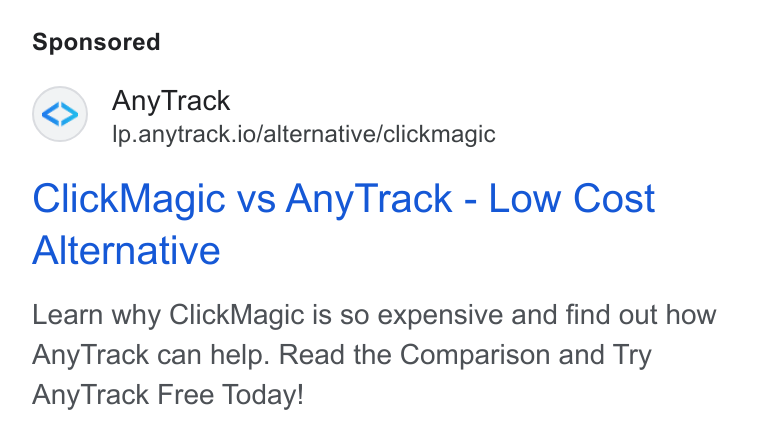 AnyTrack.io ad on Google Ads: Any Track lp.anytrack.io/alternative/clickmagic Click Magic vs Any Track - Low Cost Alternative Learn why Click Magic is so expensive and find out how Any Track can help. Read the Comparison and Try Any Track Free Today!