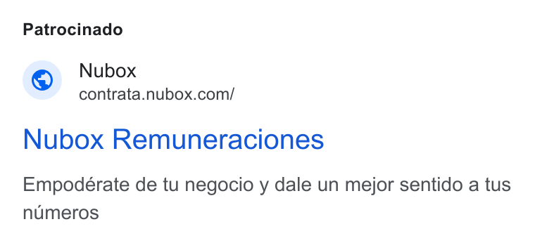 Nubox ad on Google Ads: Patrocinado Nubox Remuneraciones Empoderate de tu negocio y dale un mejor sentido a tus numeros