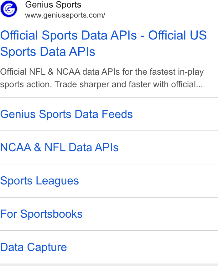 Genius Sports ad on Google Ads: Official Sports Data APIs - Official US Sports Data APIs Official NFL & NCAA data APIs for the fastest in-play sports action. Trade sharper and faster with official... Genius Sports Data Feeds NCAA & NFL Data APIs Sports Leagues For Sportsbooks Data Capture