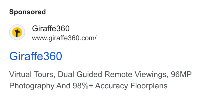 Giraffe360 ad on Google Ads: Giraffe360 Virtual Tours, Dual Guided Remote Viewings, 96MP Photography And 98%+ Accuracy Floorplans