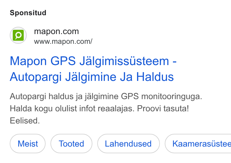 Mapon ad on Google Ads: www.mapon.com/ Mapon GPS Jalgimissusteem - Autopargi Jalgimine Ja Haldus Autopargi haldus ja jalgimine GPS monitooringuga. Halda kogu olulist infot reaalajas. Proovi tasuta! Eelised. Lahendused ) ( Kaamerasiistee