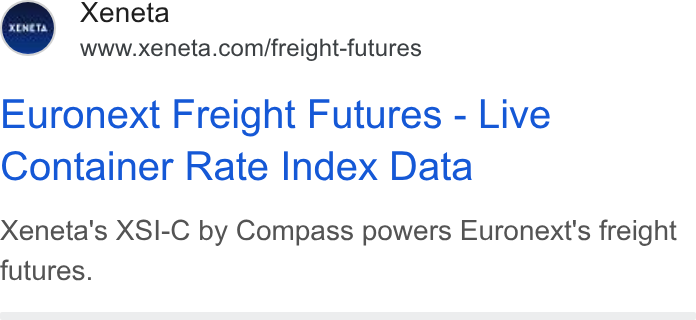 Xeneta ad on Google Ads: Euronext Freight Futures - Live Container Rate Index Data Xeneta's XSI-C by Compass powers Euronext's freight futures.