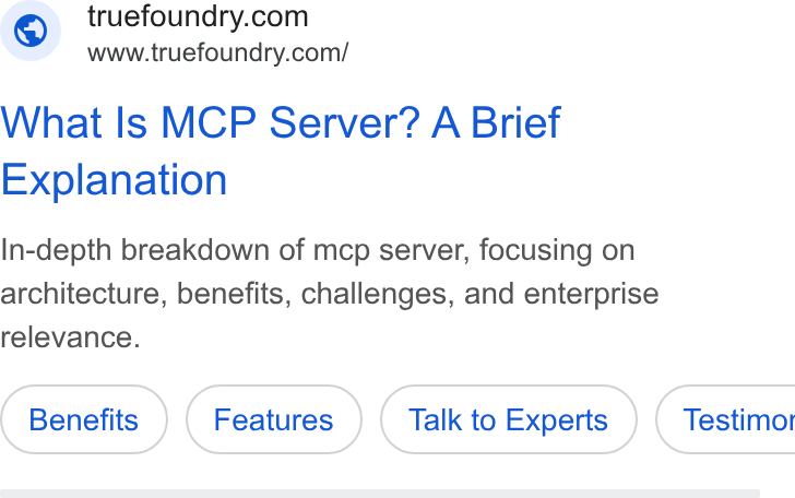 TrueFoundry ad on Google Ads: www.truefoundry.com/ What Is MCP Server? A Brief Explanation In-depth breakdown of mcp server, focusing on architecture, benefits, challenges, and enterprise relevance. Talk to Experts } ( Testimor