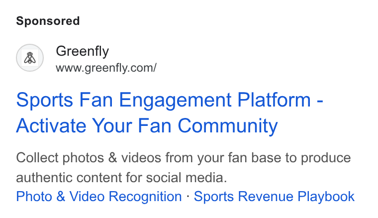 Greenfly ad on Google Ads: Sports Fan Engagement Platform - Activate Your Fan Community Collect photos & videos from your fan base to produce authentic content for social media. Photo & Video Recognition - Sports Revenue Playbook