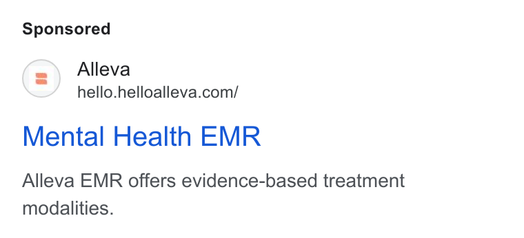Alleva ad on Google Ads: Mental Health EMR Alleva EMR offers evidence-based treatment modalities.