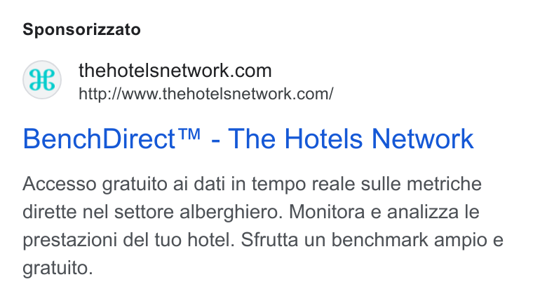 The Hotels Network ad on Google Ads: http://www.thehotelsnetwork.com/ Bench Direct™ - The Hotels Network Accesso gratuito ai dati in tempo reale sulle metriche dirette nel settore alberghiero. Monitora e analizza le prestazioni del tuo hotel. Sfrutta un benchmark ampio e gratuito.
