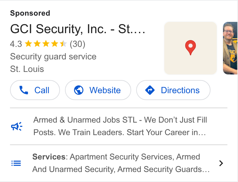 ShopriteX ad on Google Ads: GCI Security, Inc. - St... 4.3 & kkk * (30) 9 Security guard service St. Louis Armed & Unarmed Jobs STL - We Don’t Just Fill Posts. We Train Leaders. Start Your Career in... a: Services: Apartment Security Services, Armed And Unarmed Security, Armed Security Guards...