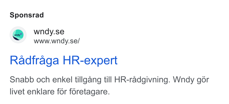Wndy ad on Google Ads: www.wndy.se/ Radfraga HR-expert Snabb och enkel tillgang till HR-radgivning. Wndy gor livet enklare for foretagare.