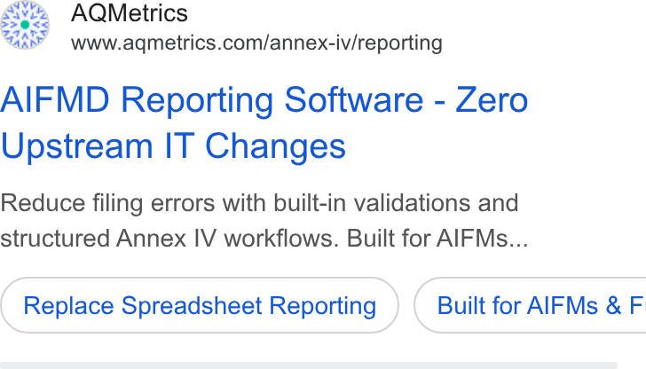 AQMetrics ad on Google Ads: AIFMD Reporting Software - Zero Upstream IT Changes Reduce filing errors with built-in validations and structured Annex IV workflows. Built for AIFMs... Replace Spreadsheet Reporting ) ( Built for AIFMs & F