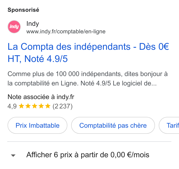 Indy ad on Google Ads: Sponsorisé La Compta des indépendants - Des 0€ HT, Noté 4.9/5 Comme plus de 100 000 indépendants, dites bonjour a la comptabilité en Ligne. Noté 4.9/5 Le logiciel de... Note associée a indy.fr Prix Imbattable ) ( Comptabilité pas chére } ( Tarif Afficher 6 prix a partir de 0,00 €/mois