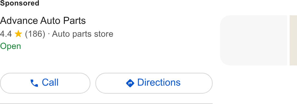 Advance Auto Parts ad on Google Ads: Advance Auto Parts 4.4 * (186) - Auto parts store Open