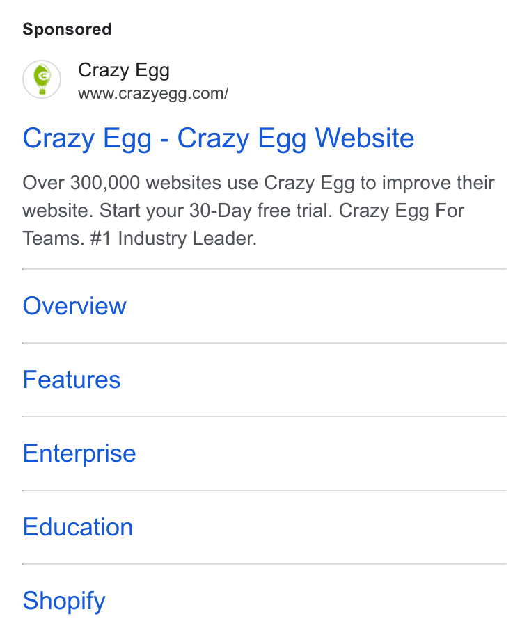 Crazy Egg ad on Google Ads: Crazy Egg - Crazy Egg Website Over 300,000 websites use Crazy Egg to improve their website. Start your 30-Day free trial. Crazy Egg For Teams. #1 Industry Leader. Overview Features Enterprise Education Shopify