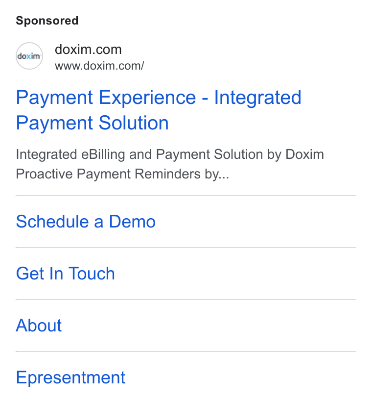 Doxim ad on Google Ads: www.doxim.com/ idaxirry) Payment Experience - Integrated Payment Solution Integrated e Billing and Payment Solution by Doxim Proactive Payment Reminders by... Schedule a Demo Get In Touch About Epresentment