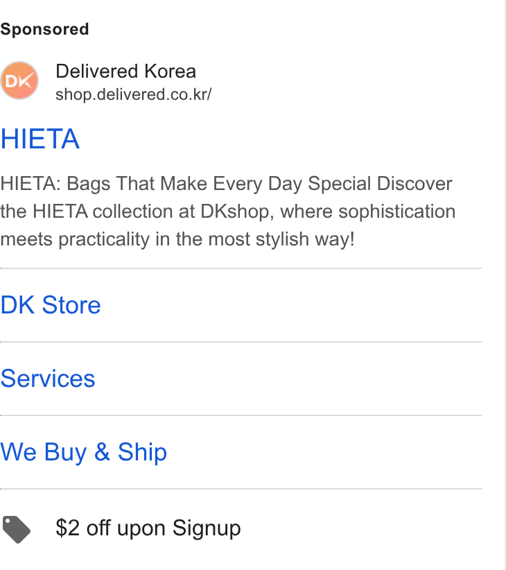 Channel Corporation ad on Google Ads: HIETA HIETA: Bags That Make Every Day Special Discover the HIETA collection at DKshop, where sophistication meets practicality in the most stylish way! DK Store Services We Buy & Ship @ $2 off upon Signup