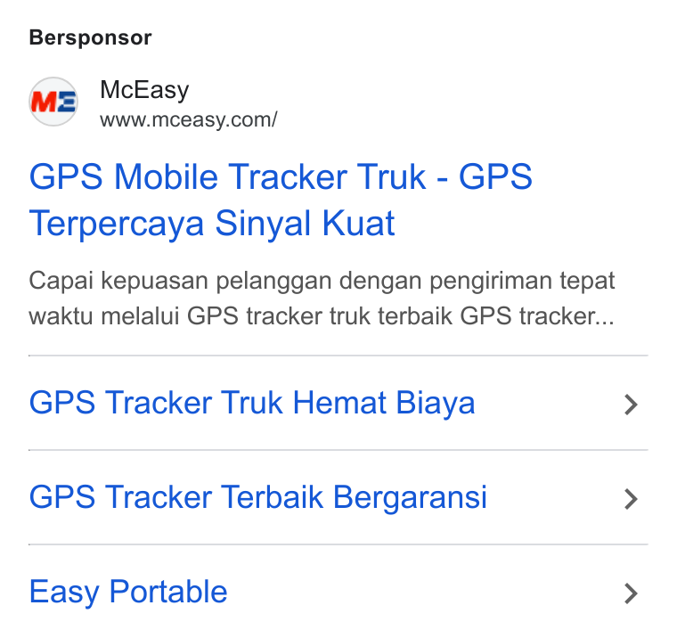 McEasy ad on Google Ads: Bersponsor GPS Mobile Tracker Truk - GPS Terpercaya Sinyal Kuat Capai kepuasan pelanggan dengan pengiriman tepat waktu melalui GPS tracker truk terbaik GPS tracker... GPS Tracker Truk Hemat Biaya GPS Tracker Terbaik Bergaransi Easy Portable
