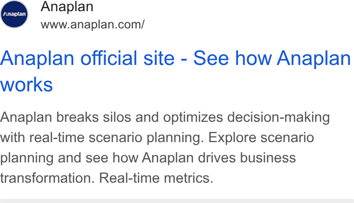 Anaplan Google ad: Search text ad