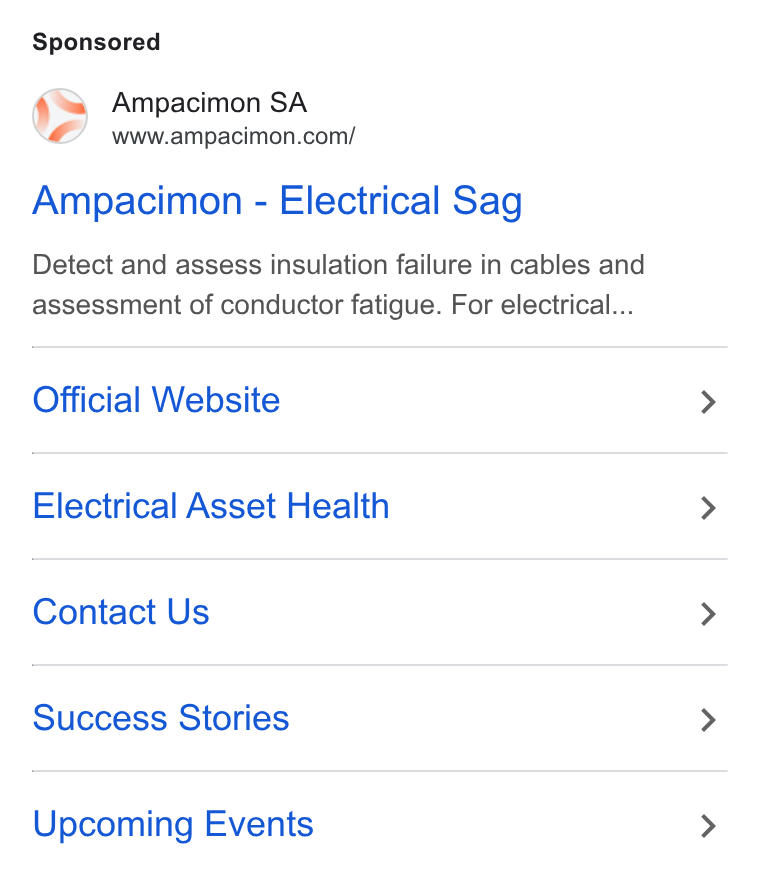 Ampacimon ad on Google Ads: Ampacimon - Electrical Sag Detect and assess insulation failure in cables and assessment of conductor fatigue. For electrical... Official Website Electrical Asset Health Contact Us Success Siories Upcoming Events