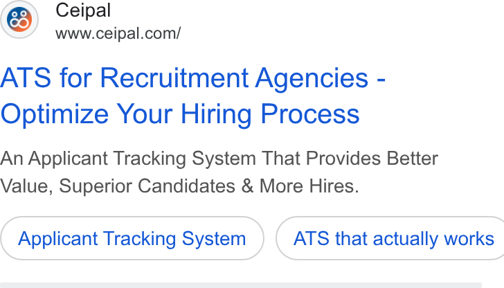 Ceipal ad on Google Ads: ATS for Recruitment Agencies - Optimize Your Hiring Process An Applicant Tracking System That Provides Better Value, Superior Candidates & More Hires. Applicant Tracking System } ( ATS that actually works