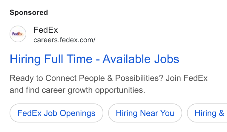 FedEx ad on Google Ads: Hiring Full Time - Available Jobs Ready to Connect People & Possibilities? Join Fed Ex and find career growth opportunities. Fed Ex Job Openings Hiring Near You } ( Hiring &
