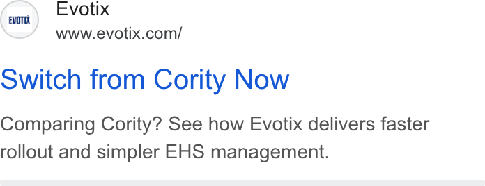 Evotix ad on Google Ads: Switch from Cority Now Comparing Cority? See how Evotix delivers faster rollout and simpler EHS management.