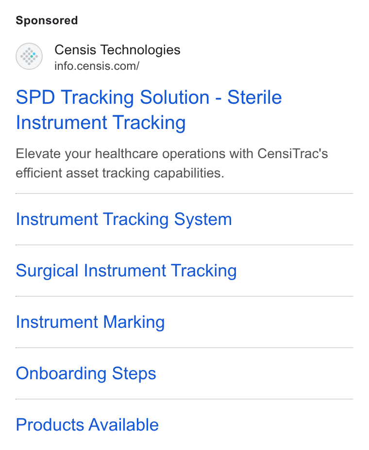 Censis Technologies ad on Google Ads: SPD Tracking Solution - Sterile Instrument Tracking Elevate your healthcare operations with Censi Trac's efficient asset tracking capabilities. Instrument Tracking System Surgical Instrument Tracking Instrument Marking Onboarding Steps Products Available