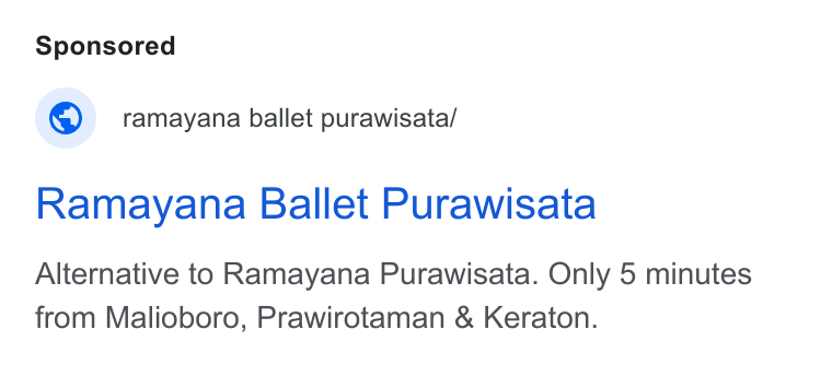 GlobalTix ad on Google Ads: © ramayana ballet purawisata/ Ramayana Ballet Purawisata Alternative to Ramayana Purawisata. Only 5 minutes from Malioboro, Prawirotaman & Keraton.