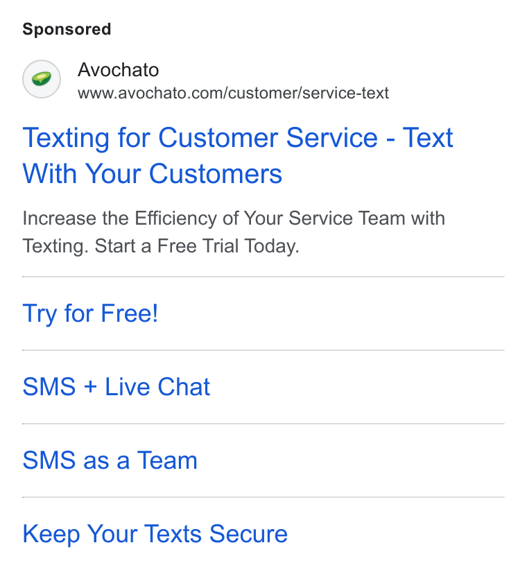 Avochato ad on Google Ads: Texting for Customer Service - Text With Your Customers Increase the Efficiency of Your Service Team with Texting. Start a Free Trial Today. Try for Free! SMS + Live Chat SMS as a Team Keep Your Texts Secure