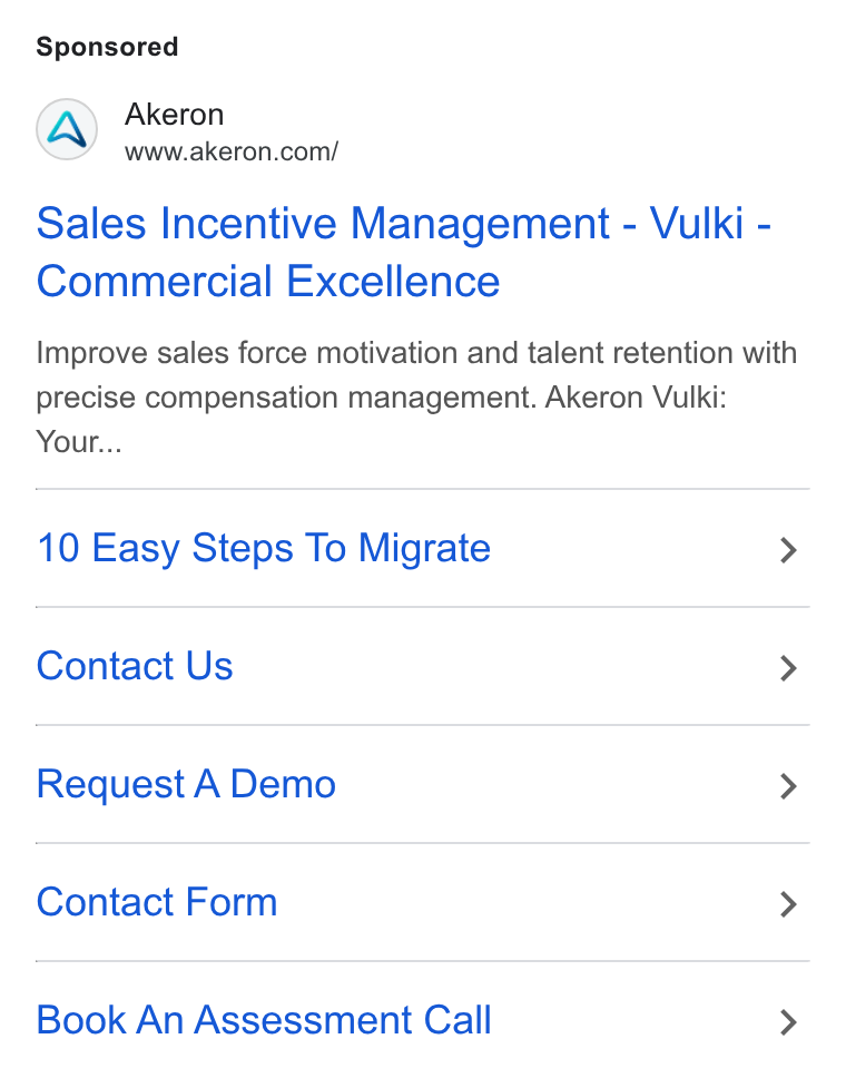Akeron ad on Google Ads: Sales Incentive Management - Vulki - Commercial Excellence Improve sales force motivation and talent retention with precise compensation management. Akeron Vulki: Your... 10 Easy Steps To Migrate > Contact Us > Request A Demo > Contact Form > Book An Assessment Call >