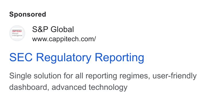Cappitech ad on Google Ads: SEC Regulatory Reporting Single solution for all reporting regimes, user-friendly dashboard, advanced technology