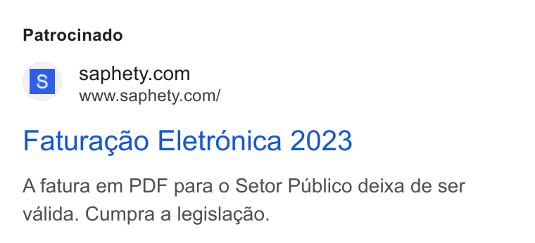 Sovos Saphety ad on Google Ads: www.saphety.com/ Faturagao Eletronica 2023 A fatura em PDF para o Setor Publico deixa de ser valida. Cumpra a legislagao.