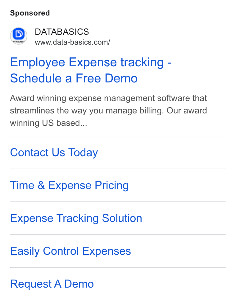 DATABASICS ad on Google Ads: Employee Expense tracking - Schedule a Free Demo Award winning expense management software that streamlines the way you manage billing. Our award winning US based... Contact Us Today Time & Expense Pricing Expense Tracking Solution Easily Control Expenses Request A Demo