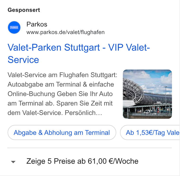 Zendesk WFM ad on Google Ads: Gesponsert Valet-Parken Stuttgart - VIP Valet- Service Valet-Service am Flughafen Stuttgart: Autoabgabe am Terminal & einfache Online-Buchung Geben Sie Ihr Auto am Terminal ab. Sparen Sie Zeit mit dem Valet-Service. Persénlich... Abgabe & Abholung am Terminal } ( Ab 1,53€/Tag Vale v Zeige 5 Preise ab 61,00 €/Woche