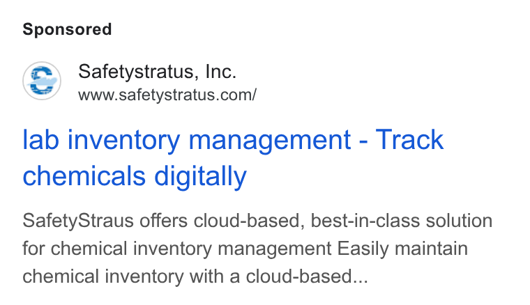 SafetyStratus ad on Google Ads: lab inventory management - Track chemicals digitally Safety Straus offers cloud-based, best-in-class solution for chemical inventory management Easily maintain chemical inventory with a cloud-based...