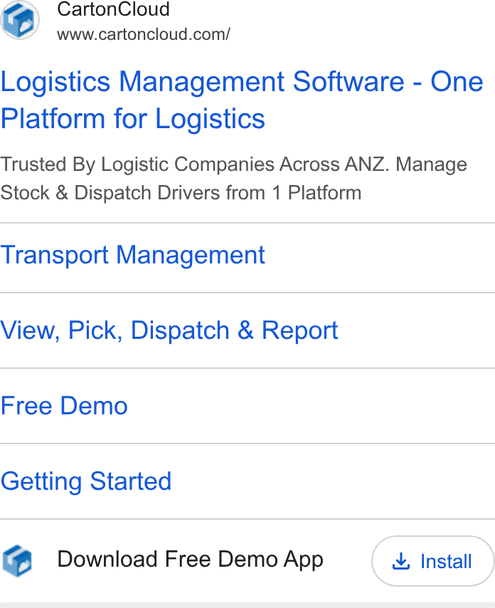 CartonCloud ad on Google Ads: Logistics Management Software - One Platform for Logistics Trusted By Logistic Companies Across ANZ. Manage Stock & Dispatch Drivers from 1 Platform Transport Management View, Pick, Dispatch & Report Free Demo Getting Started e Download Free Demo App