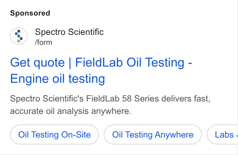 Ametek ad on Google Ads: Spectro Scientific /form Get quote | Field Lab Oil Testing - Engine oil testing Spectro Scientific's Field Lab 58 Series delivers fast, accurate oil analysis anywhere. Oil Testing On-Site Oil Testing Anywhere Labs «
