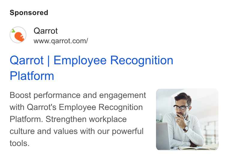 Qarrot ad on Google Ads: Qarrot | Employee Recognition Platform Boost performance and engagement with Qarrot's Employee Recognition Platform. Strengthen workplace culture and values with our powerful tools.