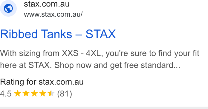 STAX. ad on Google Ads: www.stax.com.au/ Ribbed Tanks — STAX With sizing from XXS - 4XL, you're sure to find your fit here at STAX. Shop now and get free standard... Rating for stax.com.au 4.5 &k& KK (81)