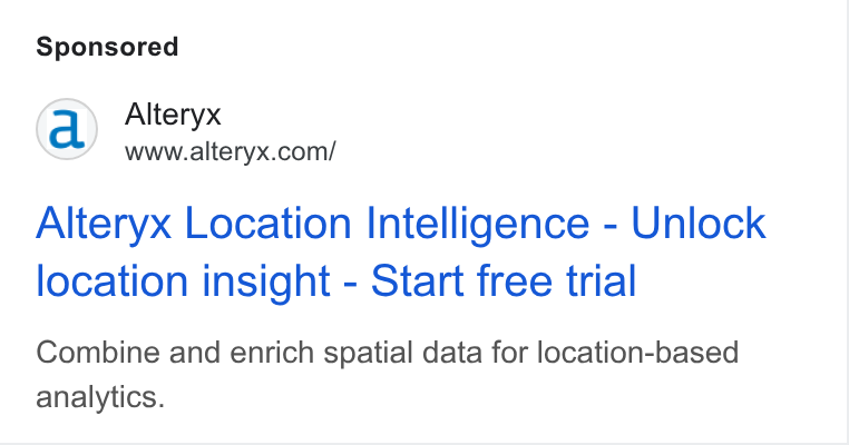 Alteryx ad on Google Ads: Alteryx Location Intelligence - Unlock location insight - Start free trial Combine and enrich spatial data for location-based analytics.