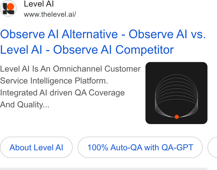 Level AI ad on Google Ads: Level Al www.thelevel.ai/ Observe Al Alternative - Observe Al vs. Level Al - Observe Al Competitor Level Al Is An Omnichannel Customer Service Intelligence Platform. Integrated Al driven QA Coverage And Quality... About Level Al 100% Auto-QA with QA-GPT <