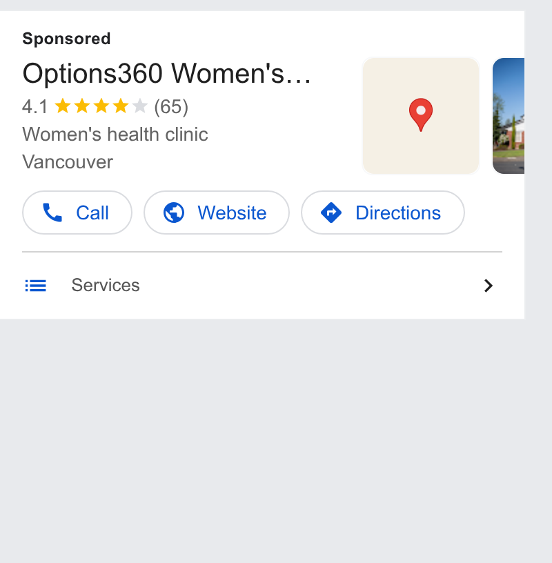 Klara ad on Google Ads: Options360 Women's... Women's health clinic Vancouver Cw Call) (© Website ) (o Directions) i= —s Services >