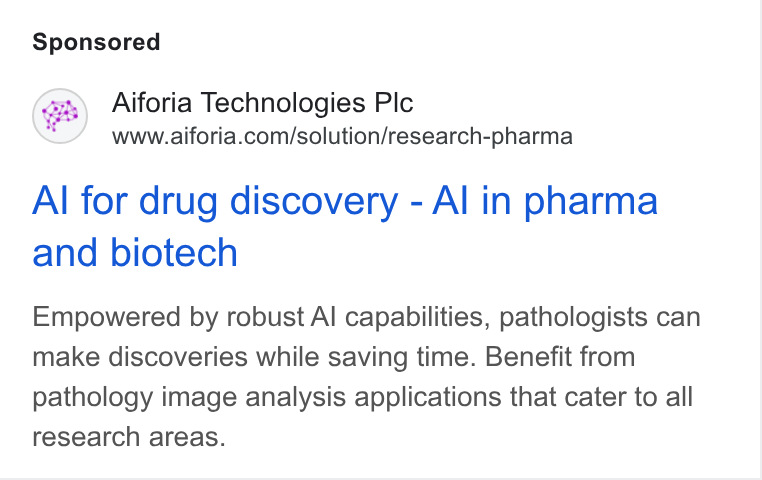 Aiforia ad on Google Ads: Al for drug discovery - Al in pharma and biotech Empowered by robust Al capabilities, pathologists can make discoveries while saving time. Benefit from pathology image analysis applications that cater to all research areas.