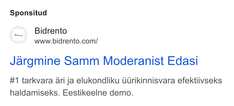 Bidrento ad on Google Ads: Sponsitud Jargmine Samm Moderanist Edasi #1 tarkvara ari ja elukondliku uurikinnisvara efektiivseks haldamiseks. Eestikeelne demo.