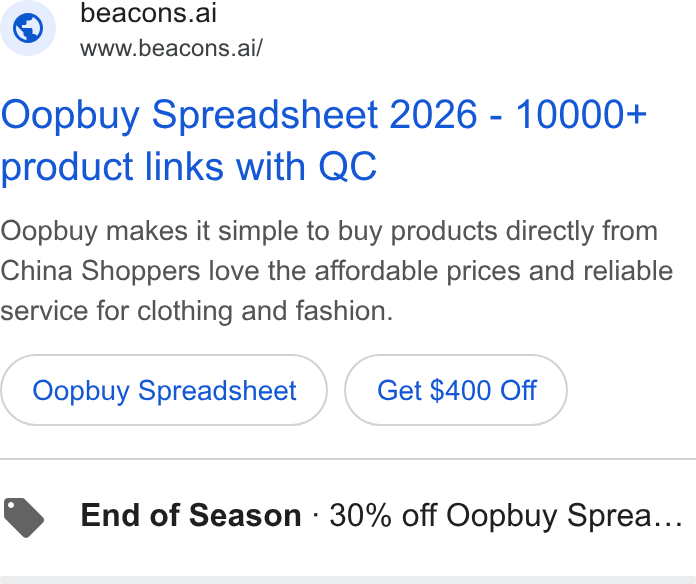 LearnTube.ai ad on Google Ads: © beacons.ai www.beacons.ai/ Oopbuy Spreadsheet 2026 - 10000+ product links with QC Oopbuy makes it simple to buy products directly from China Shoppers love the affordable prices and reliable service for clothing and fashion. Oopbuy Spreadsheet Get $400 Off End of Season - 30% off Oopbuy Sprea...