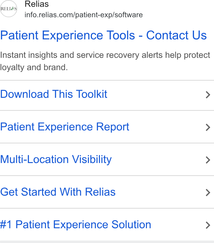 Relias ad on Google Ads: Patient Experience Tools - Contact Us Instant insights and service recovery alerts help protect loyalty and brand. Download This Toolkit > Patient Experience Report > Multi-Location Visibility > Get Started With Relias > #1 Patient Experience Solution >