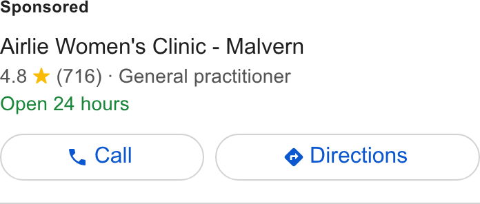 HotDoc ad on Google Ads: Airlie Women's Clinic - Malvern 4.8 ¥ (716) - General practitioner Open 24 hours