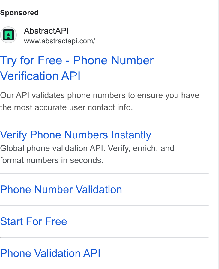 Abstract ad on Google Ads: Try for Free - Phone Number Verification API Our API validates phone numbers to ensure you have the most accurate user contact info. Verify Phone Numbers Instantly Global phone validation API. Verify, enrich, and format numbers in seconds. Phone Number Validation Start For Free Phone Validation API