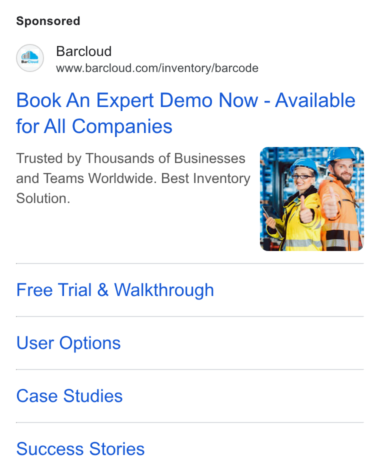 BarCloud ad on Google Ads: Book An Expert Demo Now - Available for All Companies Trusted by Thousands of Businesses and Teams Worldwide. Best Inventory Solution. Free Trial & Walkthrough User Options Case Studies Success Stories