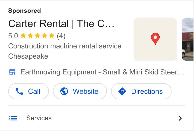 Caterpillar ad on Google Ads: Carter Rental | The C... @q Construction machine rental service Gi Chesapeake f Earthmoving Equipment - Small & Mini Skid Steer... Services >