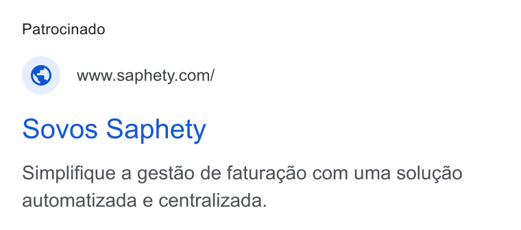 Sovos Saphety ad on Google Ads: Sovos Saphety Simplifique a gestao de faturagao com uma solugao automatizada e centralizada.