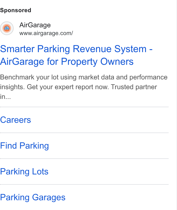 AirGarage ad on Google Ads: Smarter Parking Revenue System - Air Garage for Property Owners Benchmark your lot using market data and performance insights. Get your expert report now. Trusted partner in... Careers Find Parking Parking Lots Parking Garages